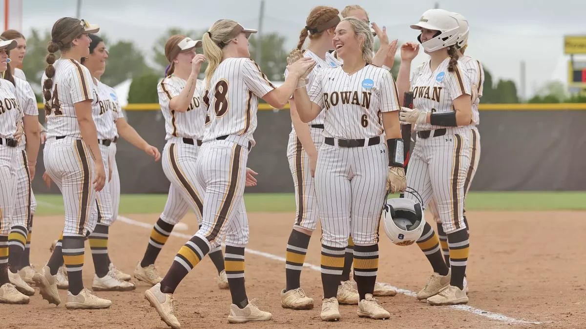Breanna Bryant and her teammates celebrate her walk-off run in the sixth to force a mercy rule. Glassboro, NJ. Thursday, May 15, 2025. - Photo via Rowan Athletics