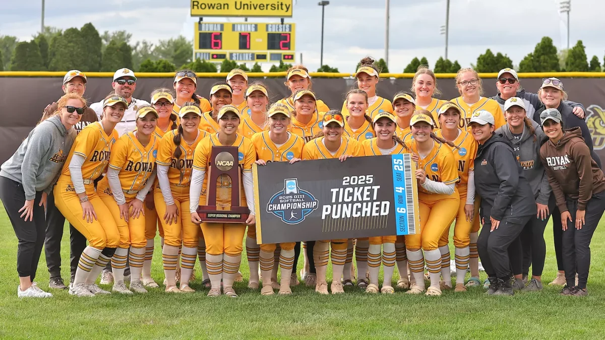 Rowan softball celebrates their Super Regionals win. The Profs will now travel to Bloomington, IL, for the NCAA Division III Softball Championship, beginning Thursday, May 29. Glassboro, NJ. Friday, May 23, 2025. - Photo via Rowan Athletics