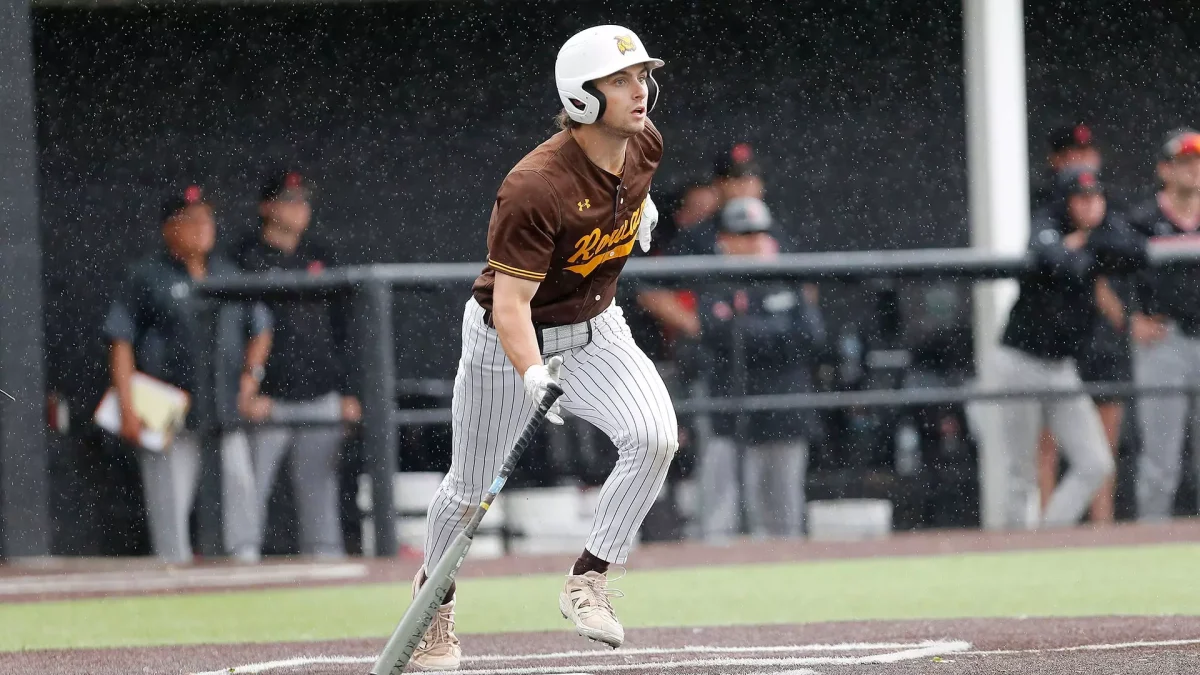 Phil Sedalis takes off after a hit. Sedalis had five RBIs in the game versus Catholic. Alliance, OH. Saturday, May 17, 2025. - Photo via Rowan Athletics