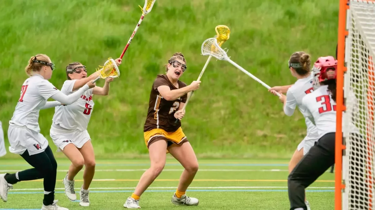 Amelia Govern attempts to take a shot on goal. The Profs fell to Wesleyan (CT) in the third round of the NCAA tournament. Waterville, Maine. Saturday, May 17, 2025. - Photo via Rowan Athletics