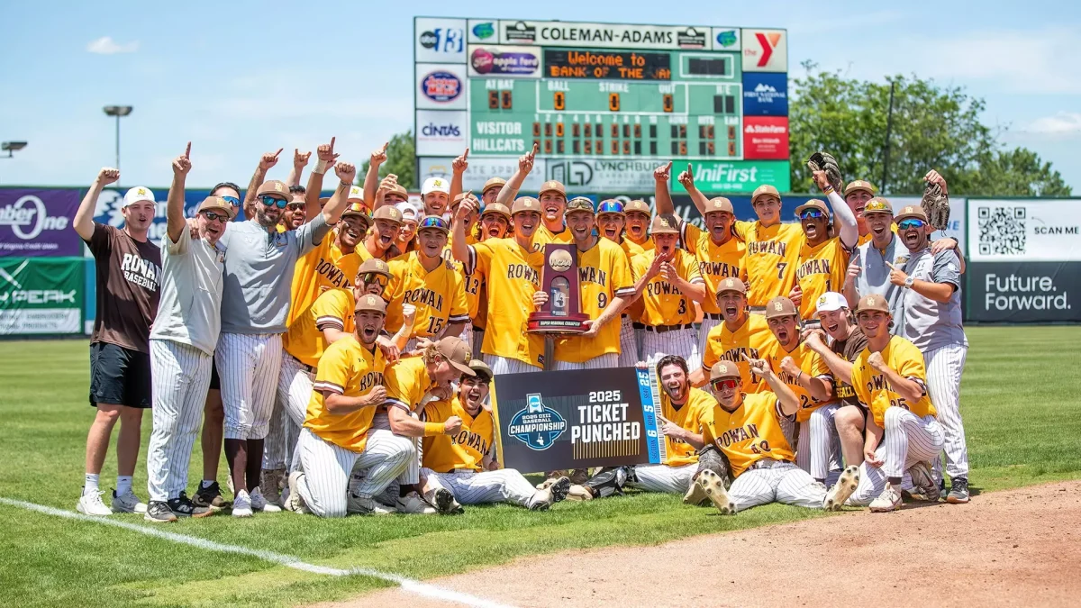 Rowan baseball celebrates their win over Lynchburg to advance to the College World Series. This will be their first appearance since the 2021 season. Lynchburg, Va. Saturday, May 24, 2025. - Photo via Rowan Athletics