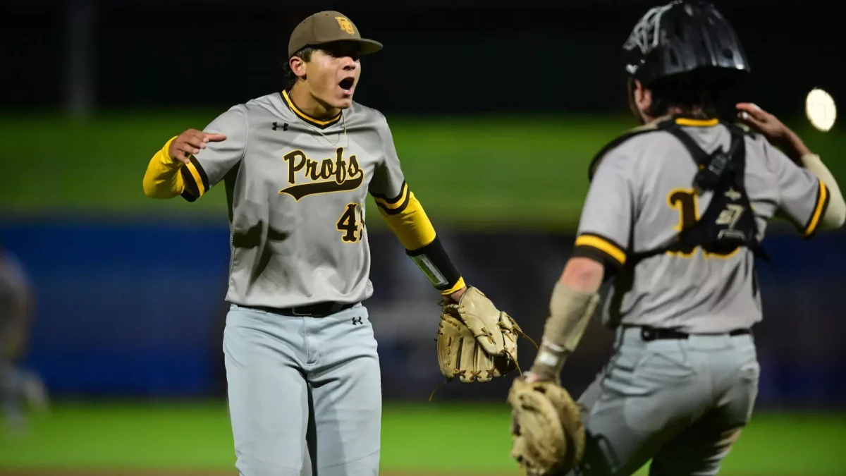 Austin Kreyenhagen (left) celebrates with Karson Harcourt (right). Eastlake, Ohio. Sunday, June 1, 2025. - Photo via Rowan Athletics