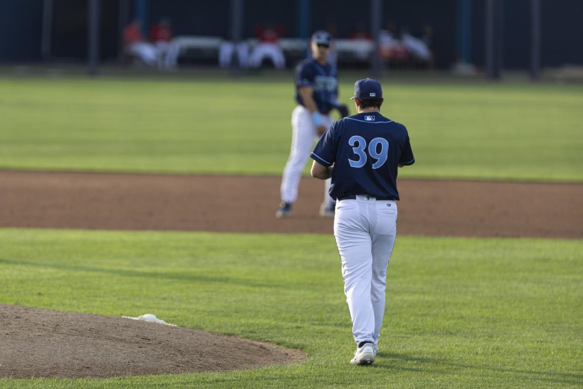 Travis Sthele walks to the mound. Sthele gave up one hit in the Blue Rocks 2-0 win. - Photo via Ryan Griffith