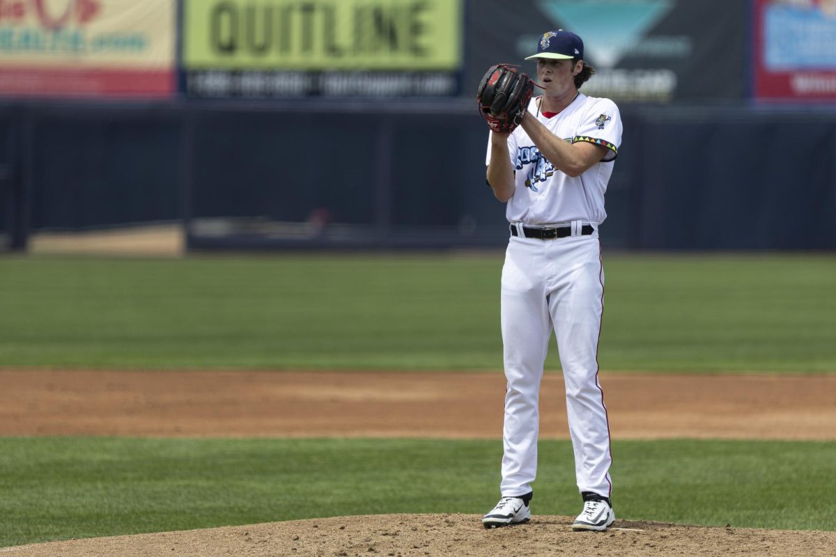 Jake Bennett stands on the mound. Bennett threw three scoreless innings on Saturday. - Photo via Ryan Griffith