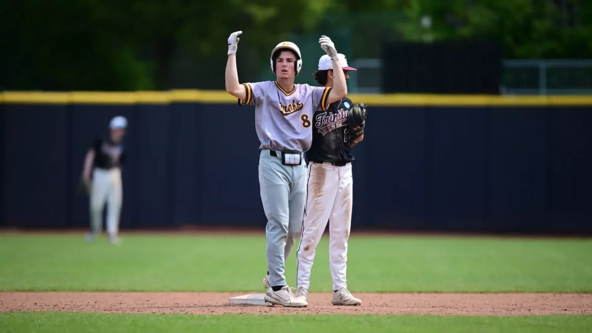 Jason Morgan celebrates his 2 RBI double in the top of the seventh inning. Morgan went 3-for-5 with 5 RBIs in the Profs victory over Trinity. Eastlake, Ohio. Sunday, June 1, 2025. - Photo via Rowan Athletics