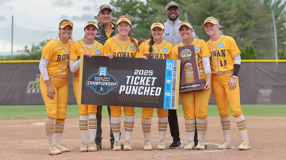 From left to right, McKenzie Melvin, Rylee Lutz, Maeve Lougheed, Payton MacNair, Breanna Bryant, and Liz McCaffery pose with the Super Regionals trophy. Glassboro, N.J. Friday, May 23, 2025. - Photo via Rowan Athletics