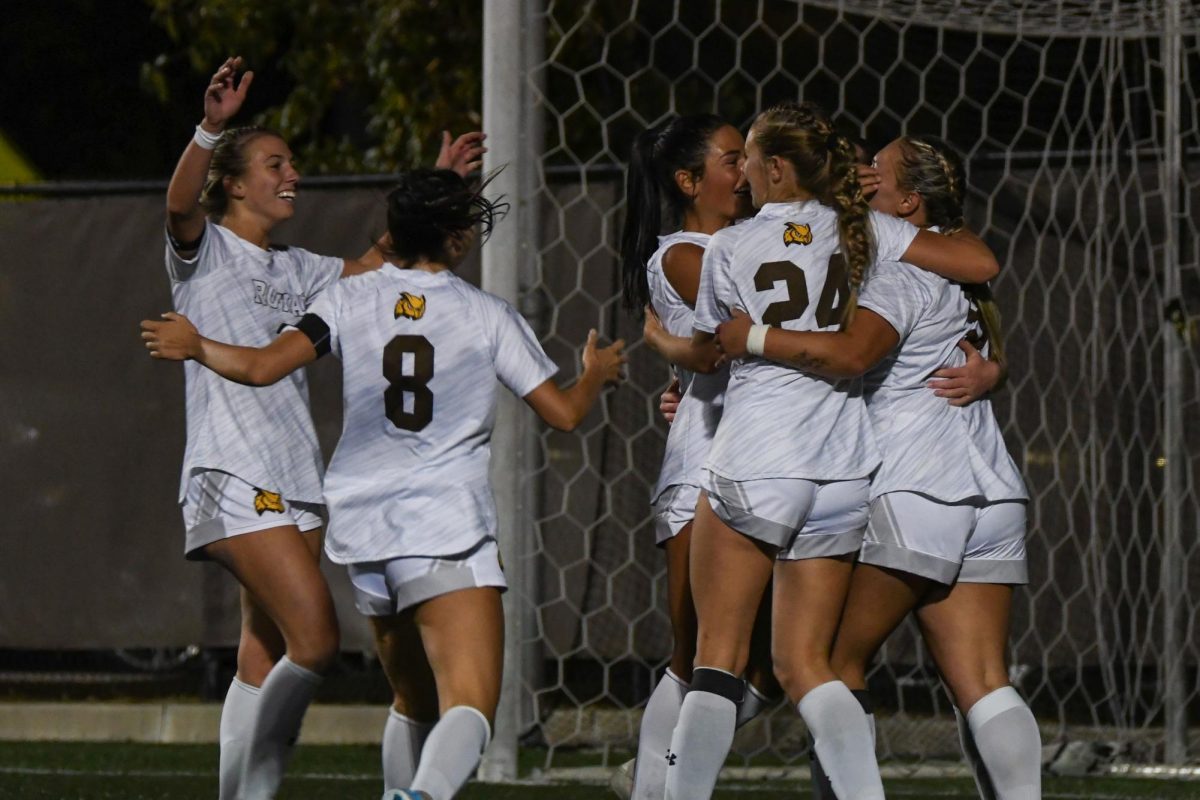 Rowan women's soccer celebrates scoring a goal against Stockton. Glassboro, N.J. Wednesday, October 16, 2024.