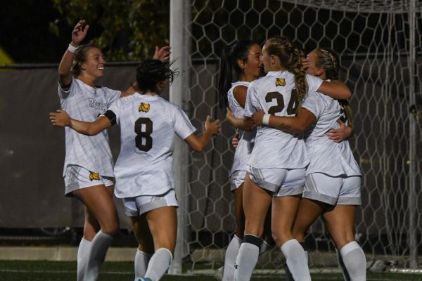 Rowan women's soccer celebrates scoring a goal against Stockton. Glassboro, N.J. Wednesday, October 16, 2024.
