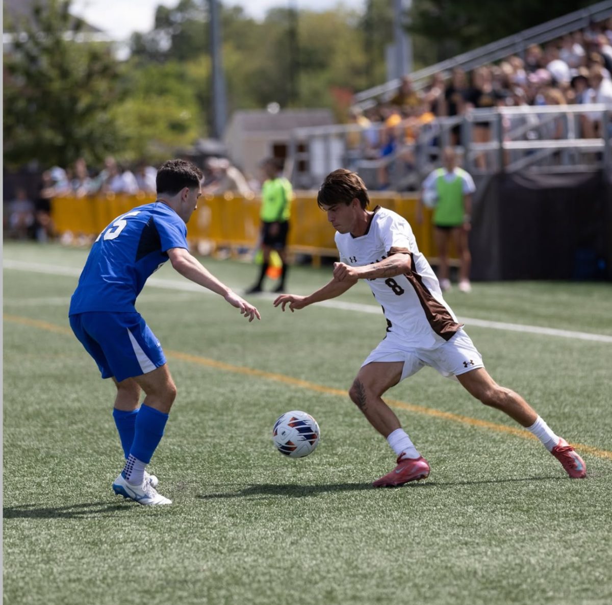 Christian McGillen advances the ball. McGillen's goal in the 49th minute was his first in a Profs uniform. Glassboro, N.J. Sunday, August 31, 2025. - Photo via Rowan Athletics