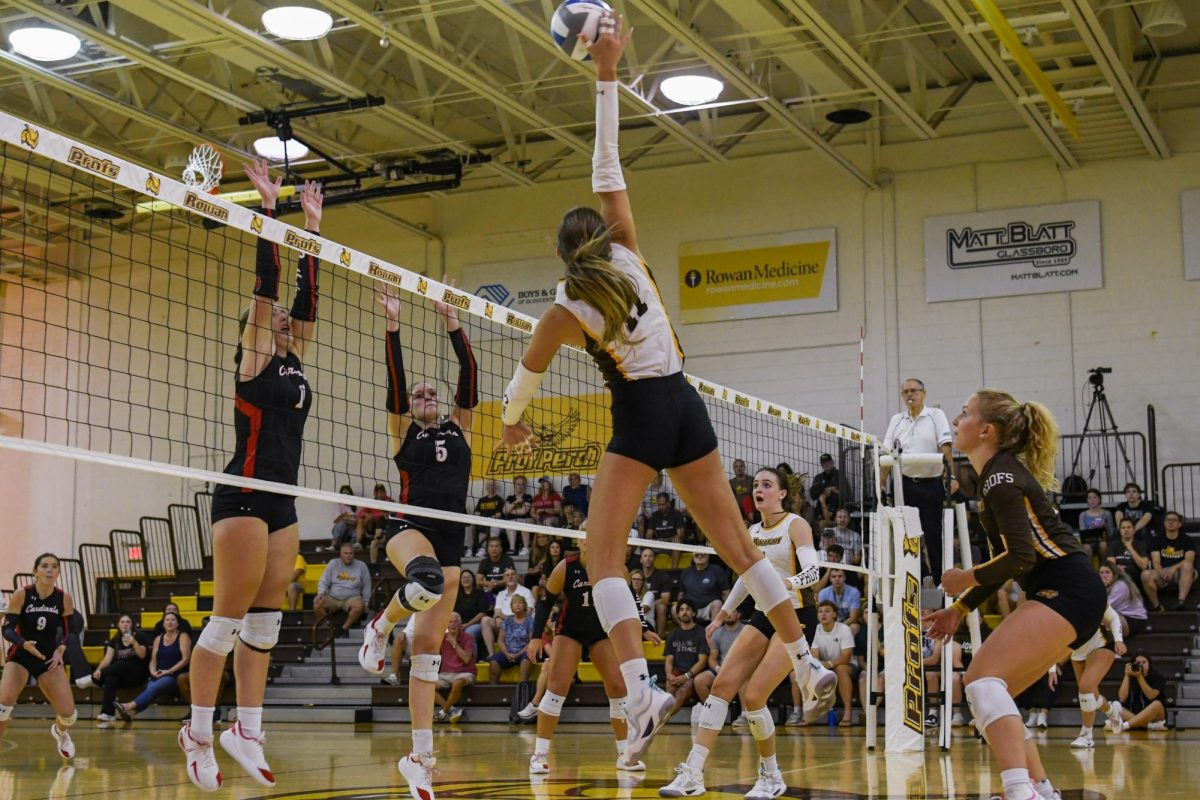 Jessica Smart spikes the ball. Smart had 18 total kills between both matches on Saturday. Glassboro, N.J. Saturday, Sept. 13, 2025. (Contributor / Trevor Miceli)