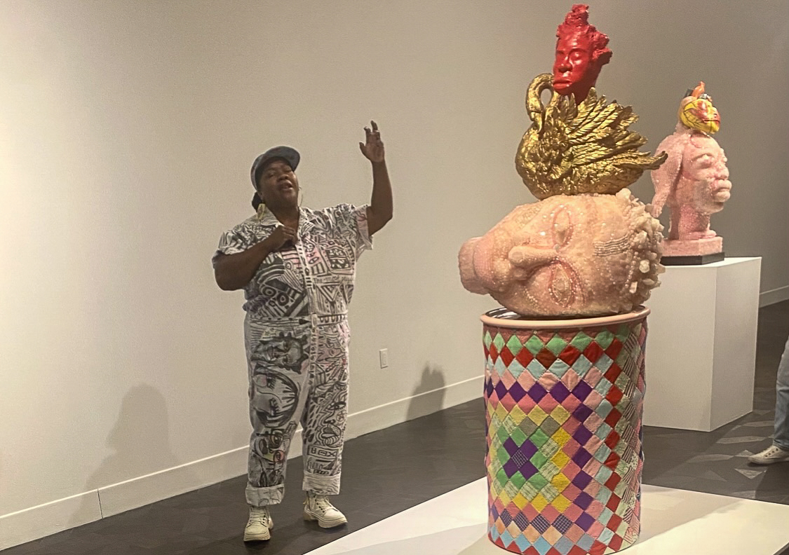 Artist vanessa german opens her talk with a song at the Rowan University Art Gallery. Wednesday, Sept. 10, 2025. Glassboro, NJ. (Staff Writer / Kacie Scibilia)