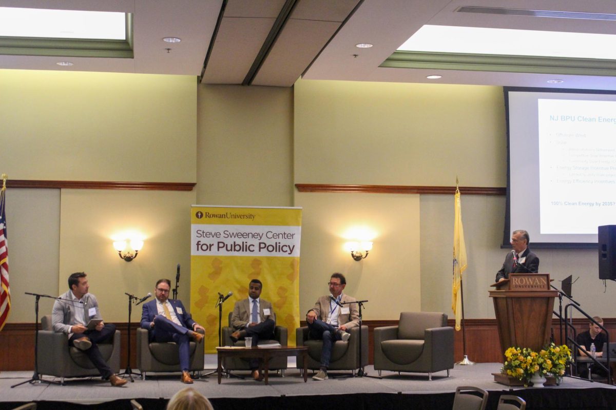 From left to right: Nathan Lowe, Andrew J. McNally, Asim Z. Haque, Bob Brabston, and Mark Magyar speak as a part of the first panel of experts. Tuesday, Sept. 16, 2025. Glassboro, NJ. (Photography Editor / Christopher Otto)