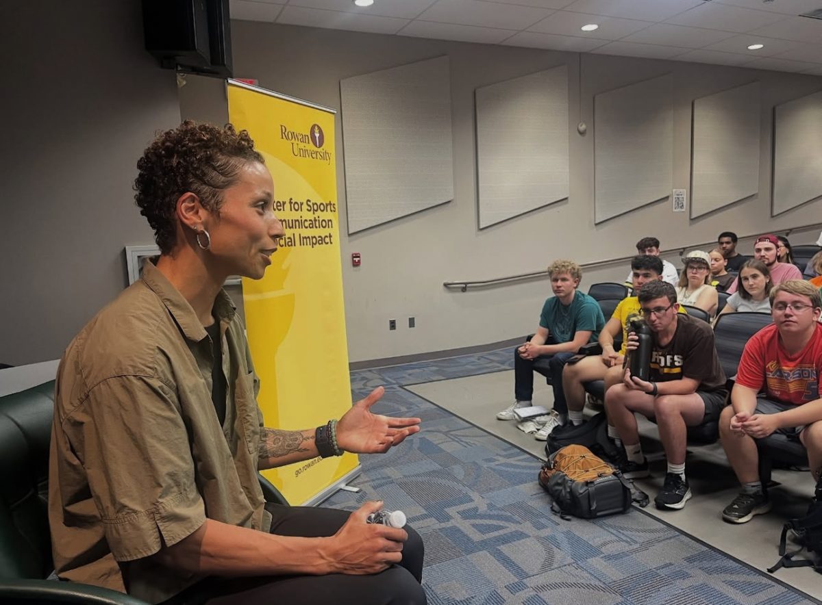 Natasha Moody speaks to the crowd inside King Auditorium. Glassboro, N.J. Monday, Sept, 29, 2025. (@rowansportscam on Instagram)