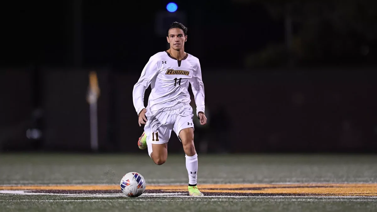 Davide Caputo dribbles the ball. Caputo scored the lone goal for the Profs. (Rowan Athletics)
