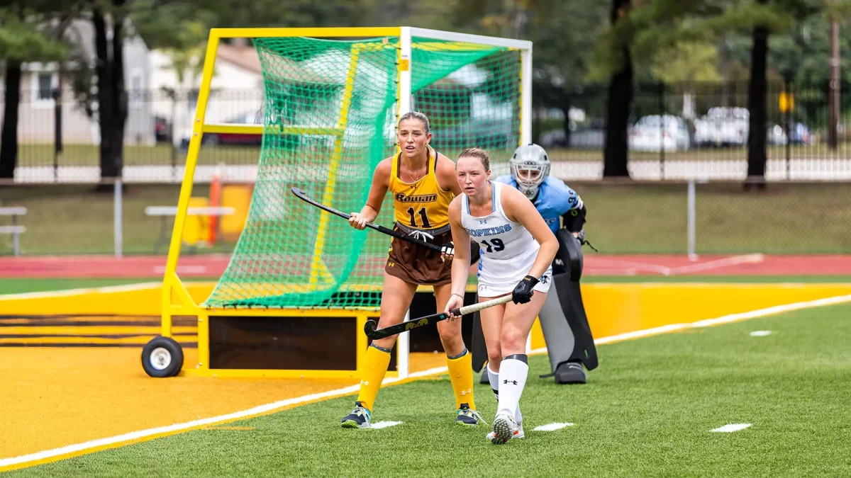 Mia Foti stands near goal. Foti scored a goal against Johns Hopkins on Sunday. Glassboro, N.J. Sunday, September 7, 2025. - Photo via Rowan Athletics