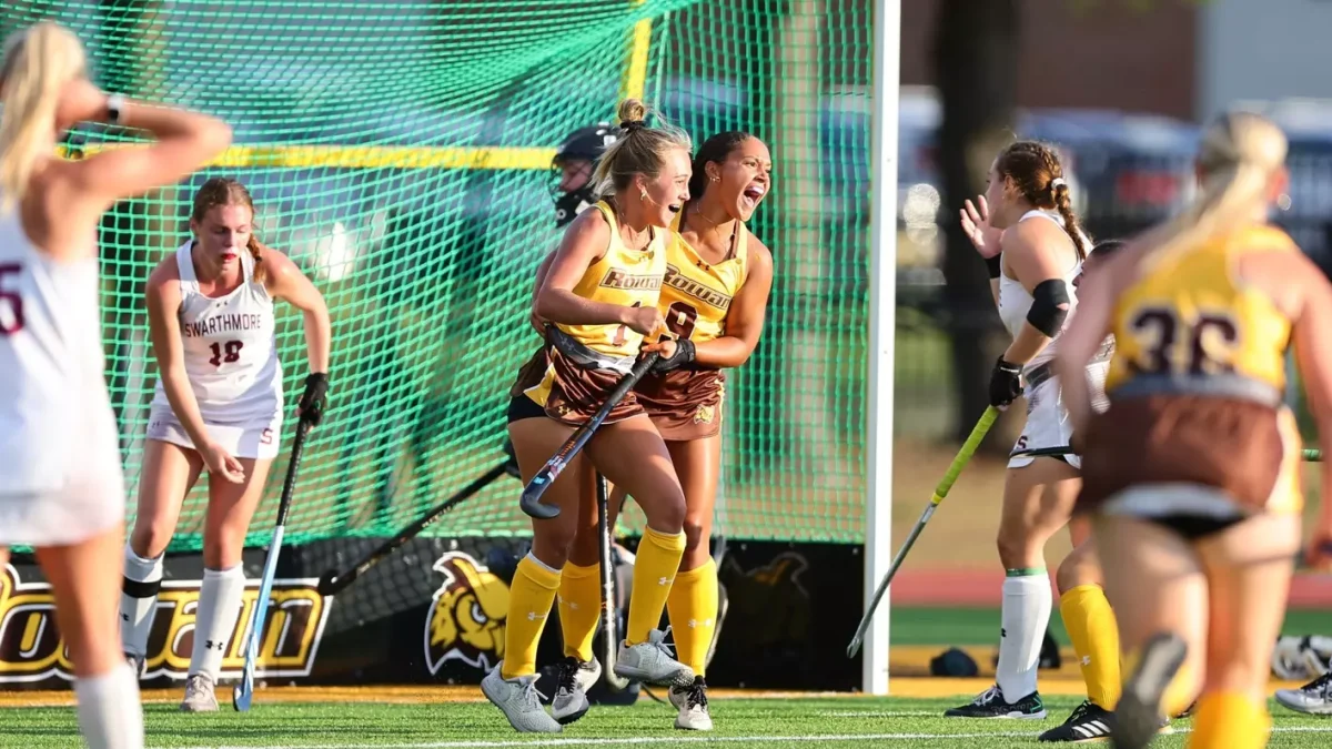 From left to right, Lily Bataloni and Olivia Griffin celebrate after a goal. Glassboro, N.J. Wednesday, September 3, 2025. - Photo via Rowan Athletics