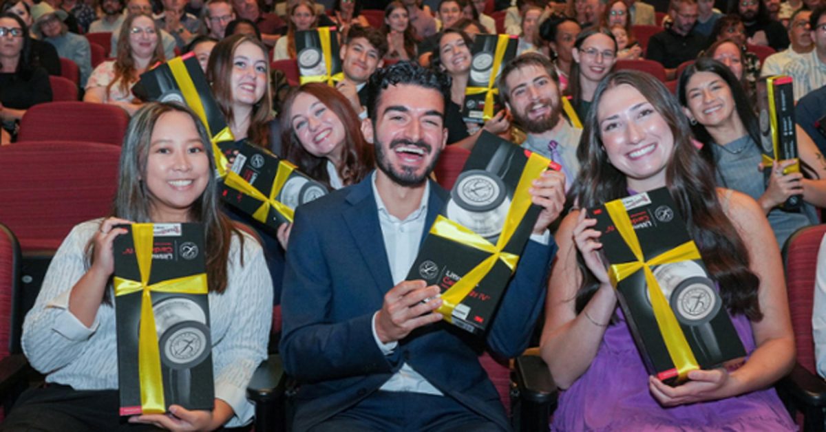 Students posed with the stethoscopes that they were gifted at the Shreiber School of Veterinary Medicine's Stethoscope Ceremony (Rowan Today)
