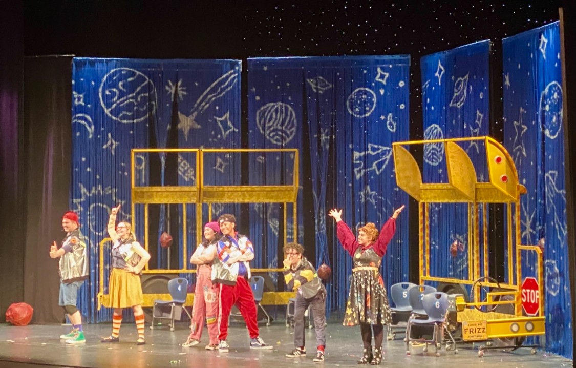From left to right: Timothy Jacob Brown, Alexis Gardiner, Yumeko Stern, Christian Cordova, Nate Frison and Olivia Brice performing the Magic School Bus. Saturday, Sept. 20, 2025. Glassboro, NJ. (Staff Writer / Kacie Scibilia)