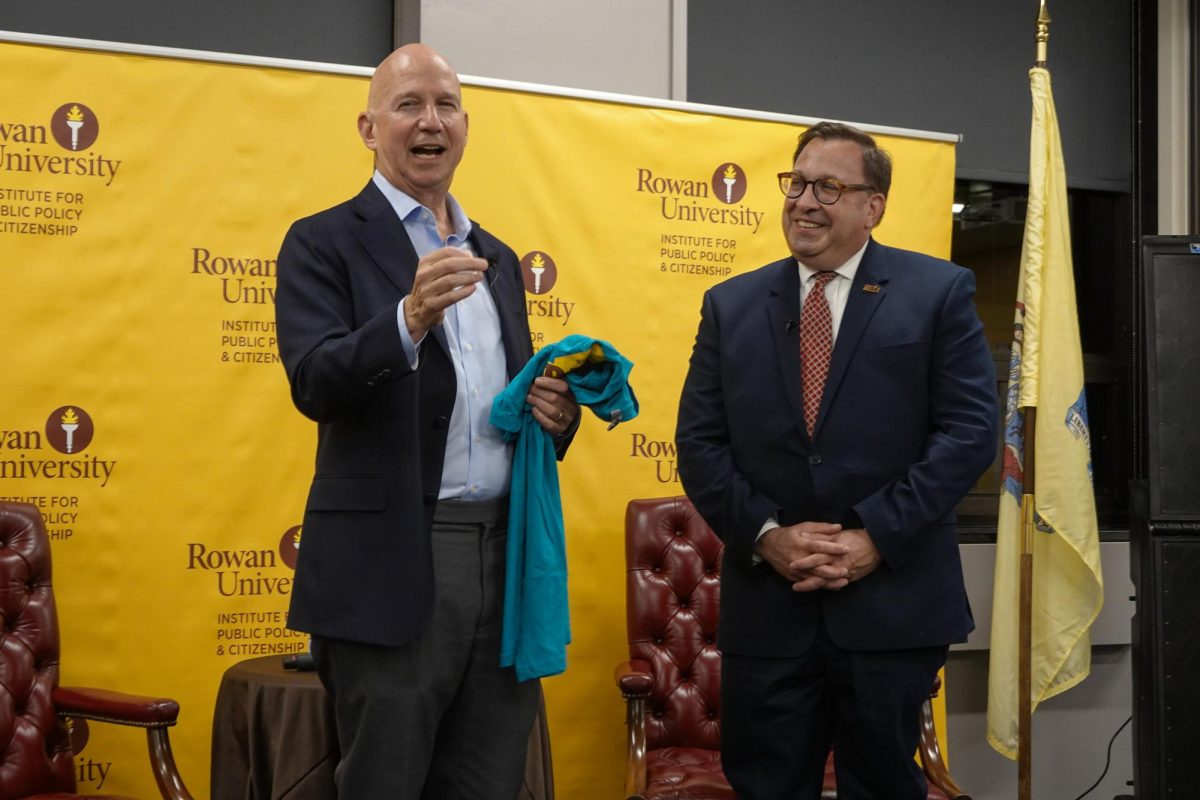 From left to right: Jack Markell and Dr. Benjamin Dworkin. Monday, Sept. 29, 2025. Glassboro, NJ. (Michael Bautista / Staff Writer)