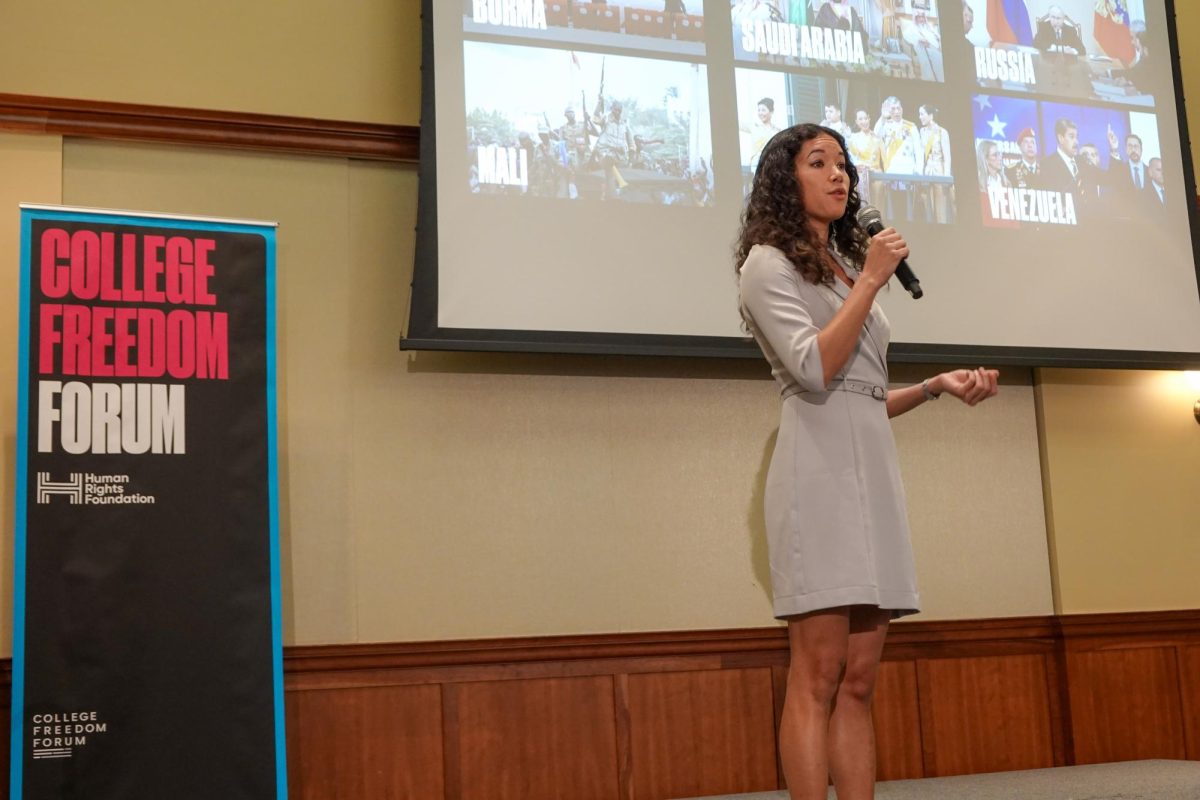 Elle Ota, program officer for the Human Rights Foundation, delivers her introductory remarks. Monday, Oct. 6, 2025. Glassboro, N.J. (Michael Bautista / Staff Writer)