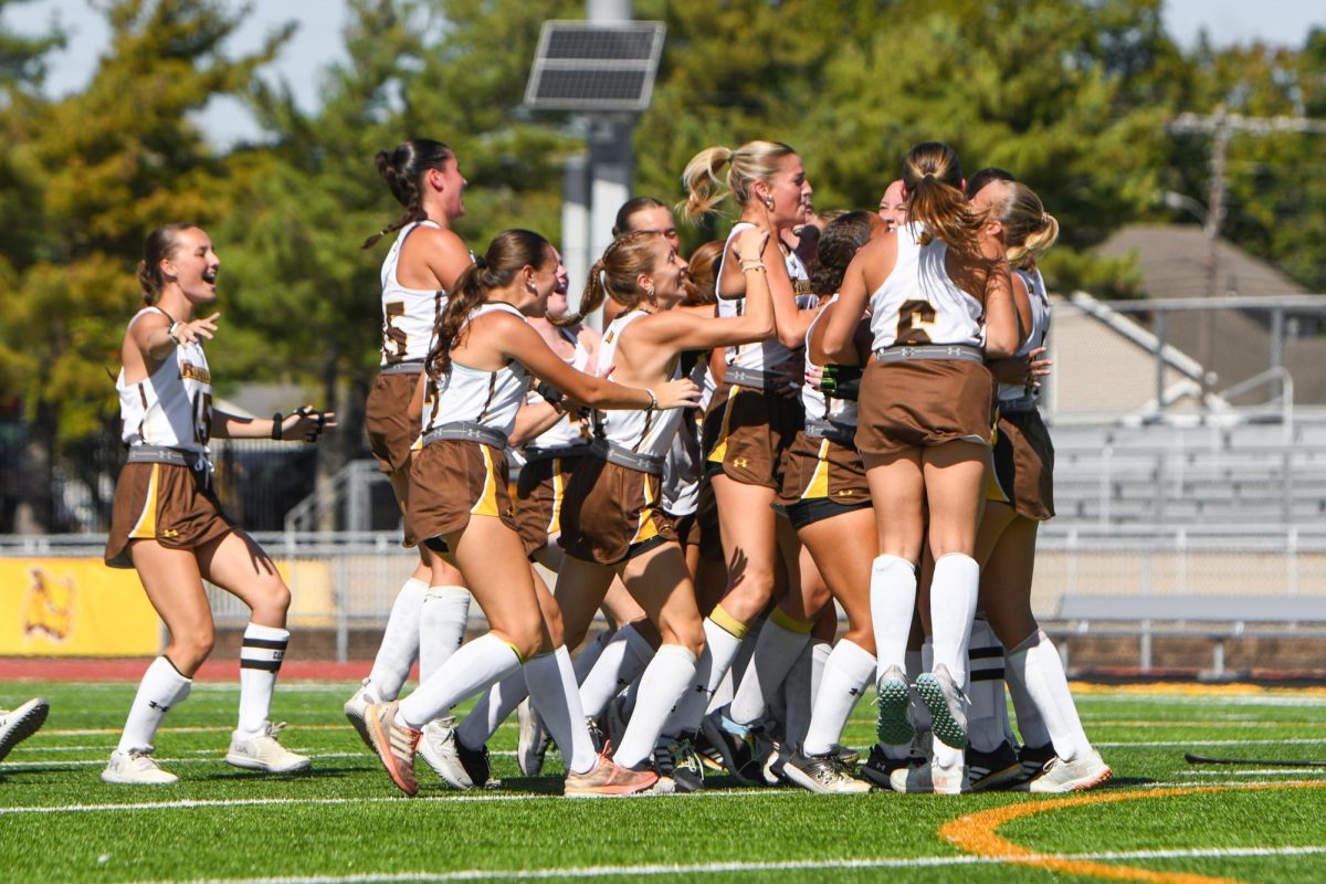 The team celebrates after Gracie Merrick's game-winning goal in overtime. Glassboro, N.J. Sunday, Oct. 5, 2025. (Contributor / Trevor Miceli)