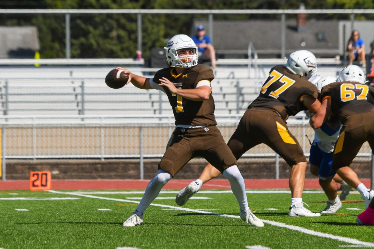 Nate Maiers throws the football. Maiers had 310 yards with two touchdowns and two interceptions against Christopher Newport. Glassboro, N.J. Saturday, Oct. 4, 2025. (Contributor / Trevor Miceli)
