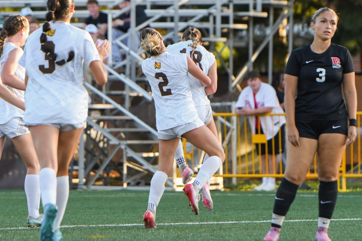 Olivia Giordano lifts up her sister to celebrate her goal against Rutgers-Camden. Glassboro, N.J. Saturday, Oct. 4, 2025. (Contributor / Trevor Miceli)