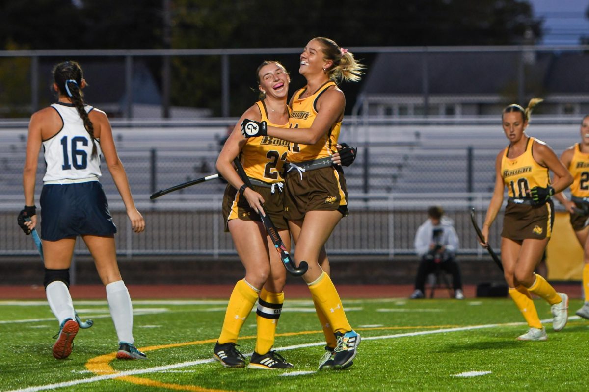 Mia Foti (right) and Tess Herman (left) celebrate Foti's goal. Foti scored two goals against Kean. Glassboro, N.J. Friday, Oct. 17, 2025. (Contributor / Trevor Miceli)