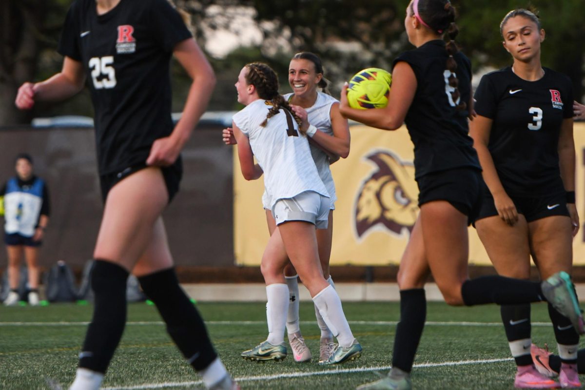 Sara Wiedeman celebrates the Profs second goal of the night against Rutgers-Camden with her teammate, Juliana Giordano. Glassboro, N.J. Saturday, Oct. 4, 2025. (Contributor / Trevor Miceli)