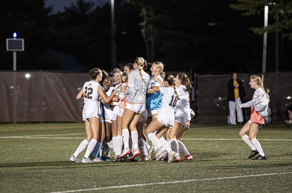 The women's soccer team celebrates their win over Messiah. The No. 18-ranked Profs upset No. 1 Messiah. Glassboro, N.J. Wednesday, Oct. 8, 2025. (@rowanwsoccer on Instagram)