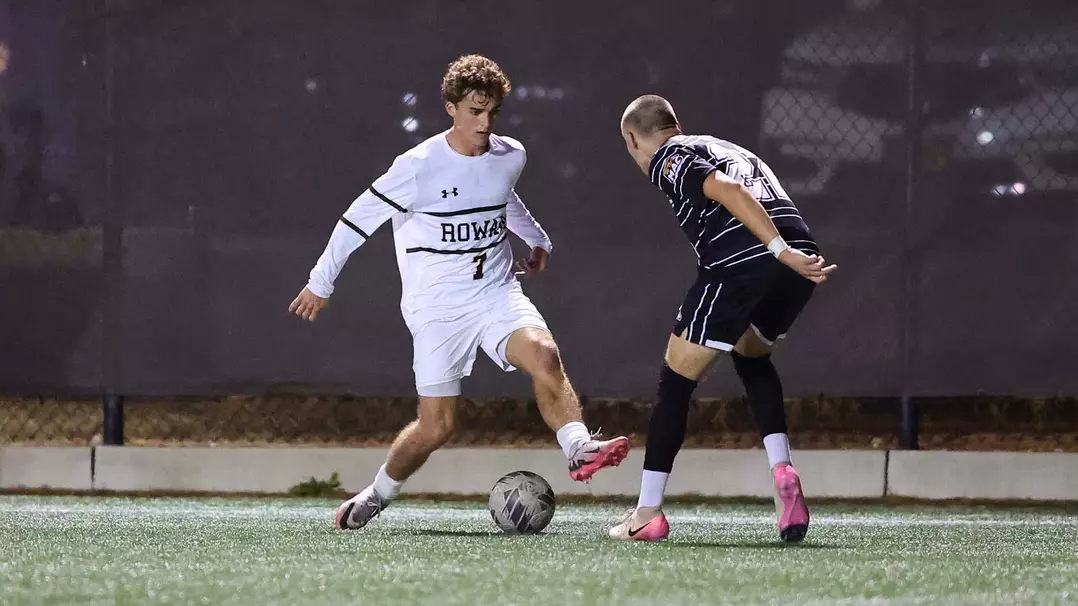 Luke McNamee dribbles the soccer ball. McNamee scored the lone goal for the Profs. Glassboro, N.J. Wednesday, Oct. 8, 2025. (Contributor / Chris Taylor)