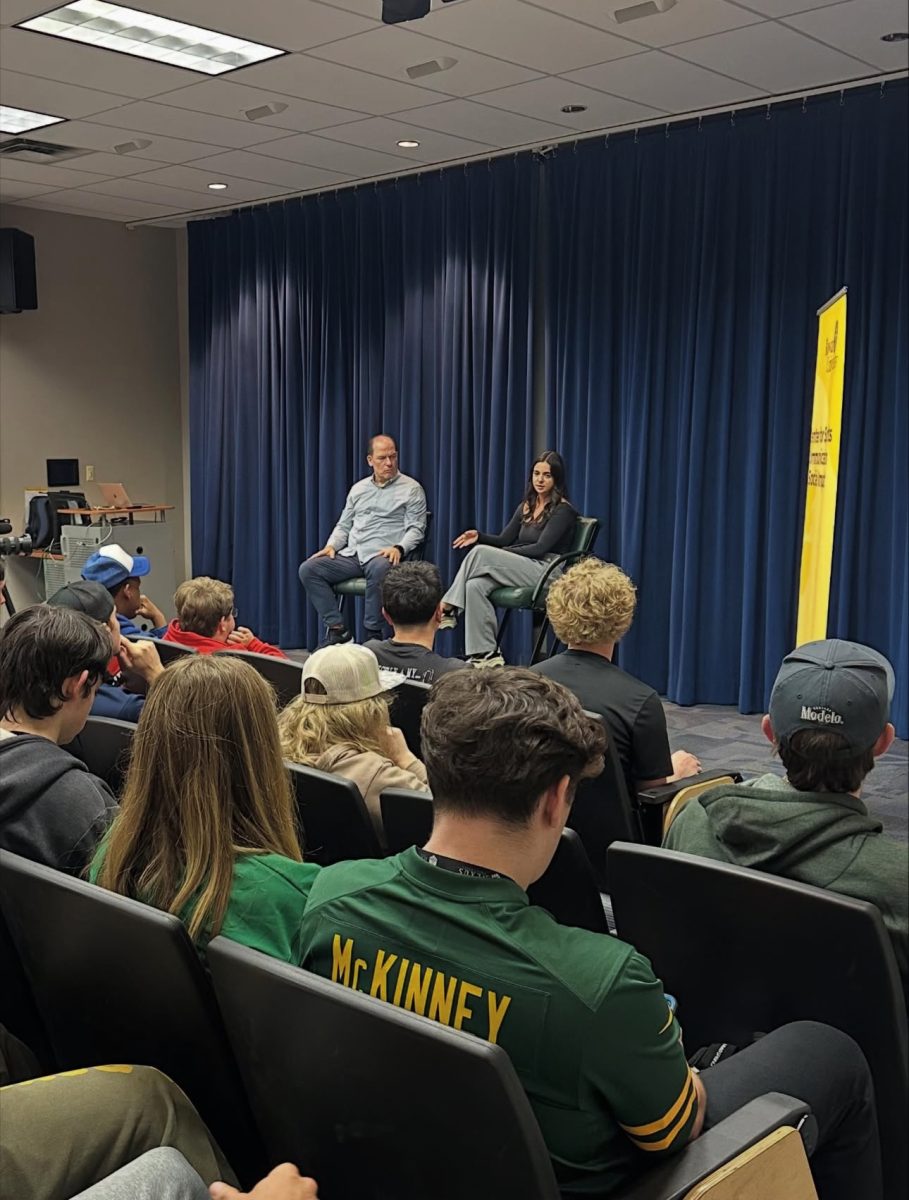 Emily Caniglia speaks to the crowd of students in King Auditorium. Glassboro, N.J. Monday, Oct. 20, 2025. (@rowansportscam on Instagram)