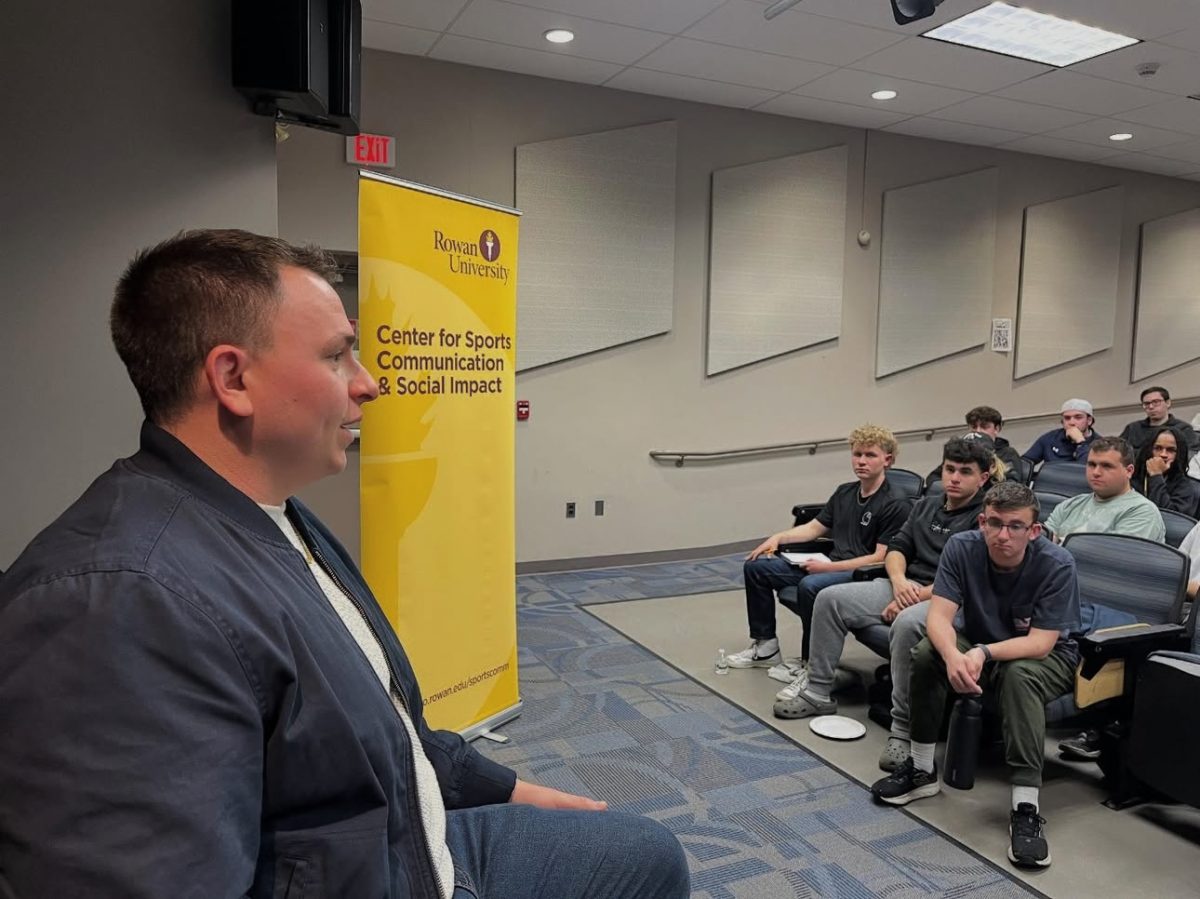 Jeremy Kashan addresses the crowd in King Auditorium. Glassboro, N.J. Monday, Oct. 27, 2025. (@rowansportscam)