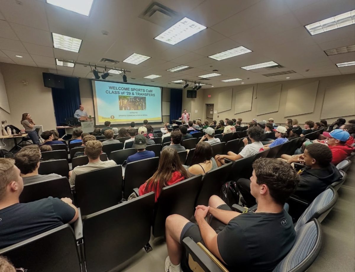 Neil Hartman welcomes the Sports CaM class of 2029 to the major at his Intro to Sports CaM class. (@rowansportscam on Instagram)