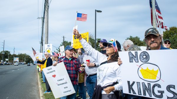 Protesters line Delsea drive in Glassboro to protest No Kings. Glassboro, N.J. Saturday, Oct. 18, 2025. (Sports Editor / Sarah Shockey)