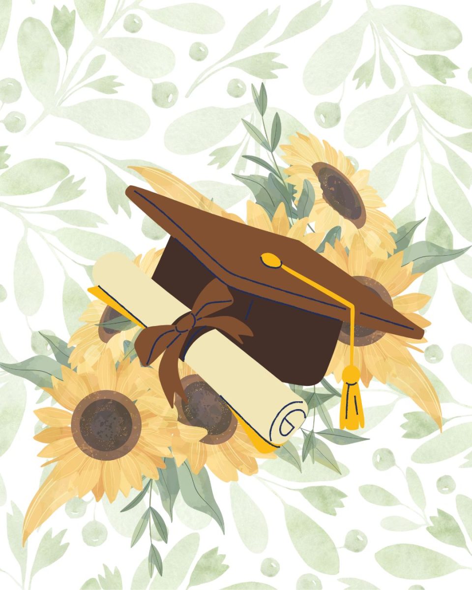 A graduation cap and diploma set over background of greenery and brown eyed Susans. (Graphic via Canva)