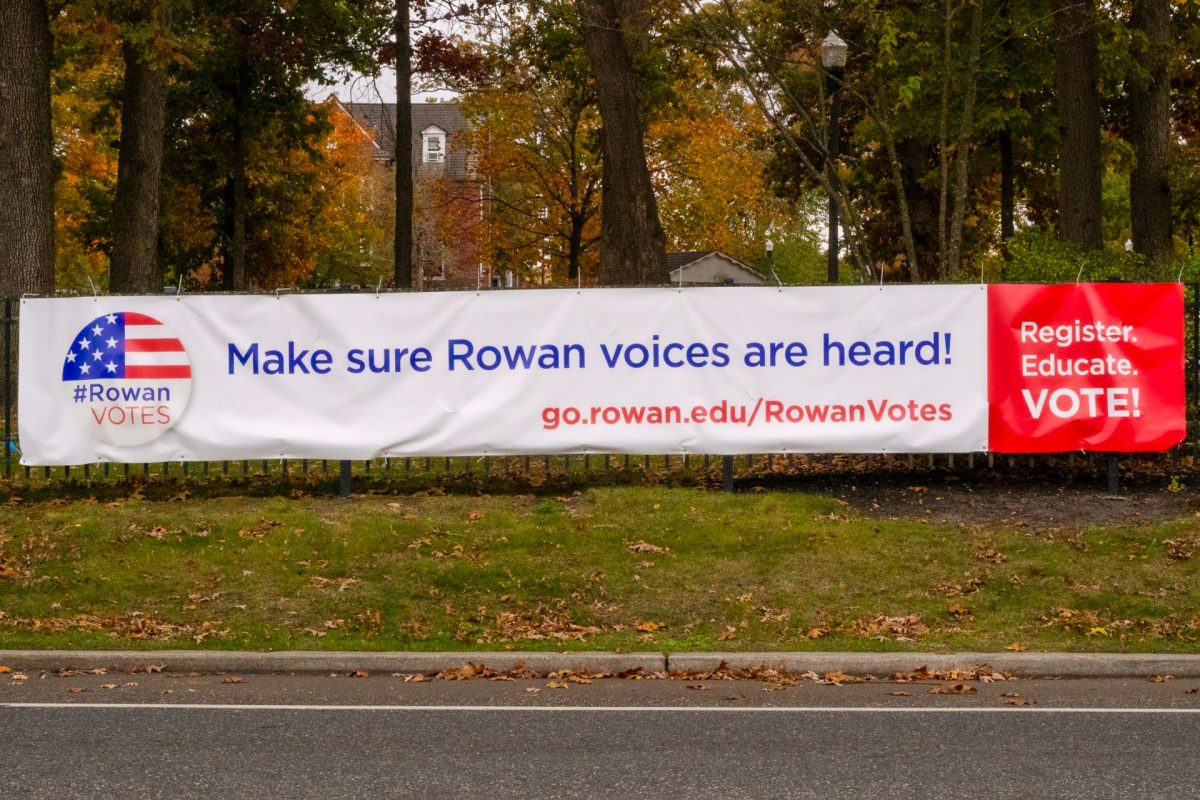 A Rowan Votes banner hangs by Mullica Hill Road. Tuesday, Oct. 28, 2025. Glassboro, N.J. (Staff Writer / Nick DiCicco)