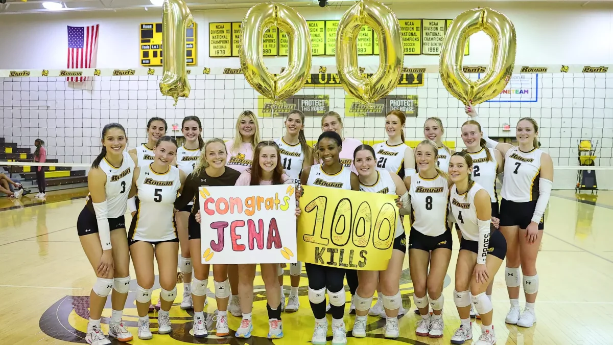 Jena Kaul celebrates reaching 1,000 career kills with her teammates. Glassboro, N.J. Thursday, Oct. 2, 2025. (Contributor / Chris Taylor)