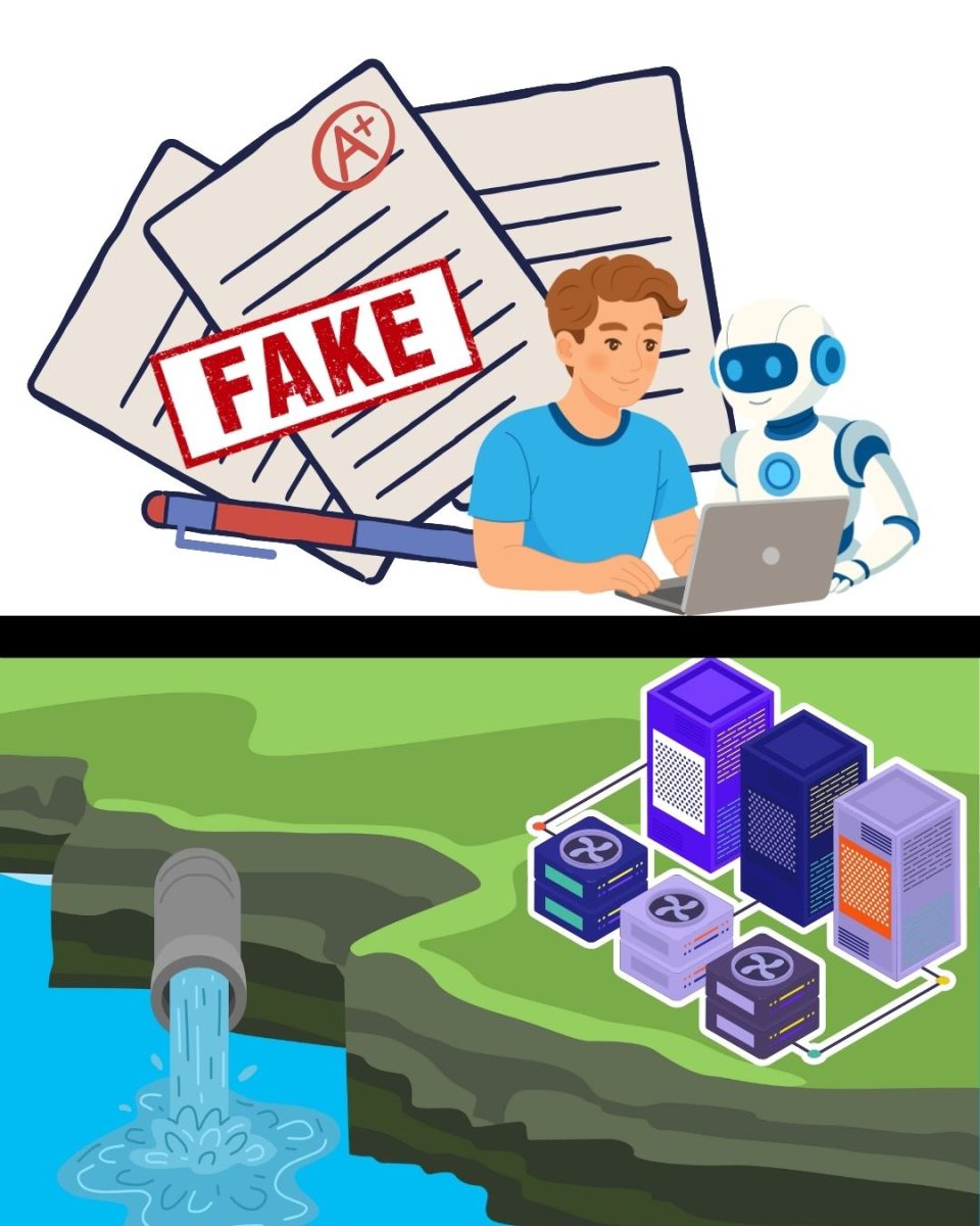 "Students are working against themselves by using AI no matter what. The impact that AI has had and will continue to have on the environment is abysmal and will only harm younger generations who hope to have careers or families in the future." (Graphics Editor / Alexander Cruz)