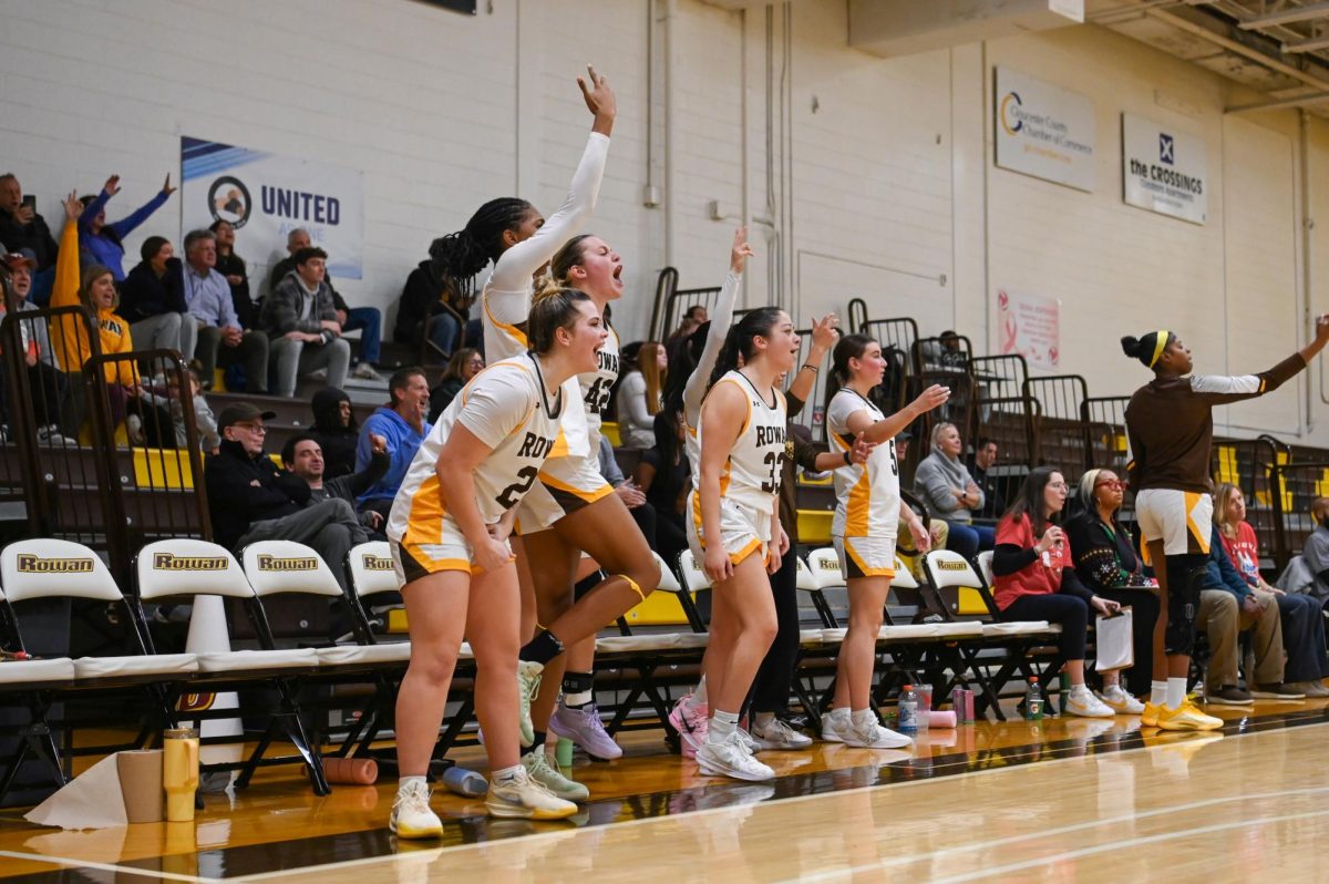 The Profs bench getting fired up. Glassboro, N.J. Wednesday, Dec. 10, 2025. (Sports Photographer / Trevor Miceli)