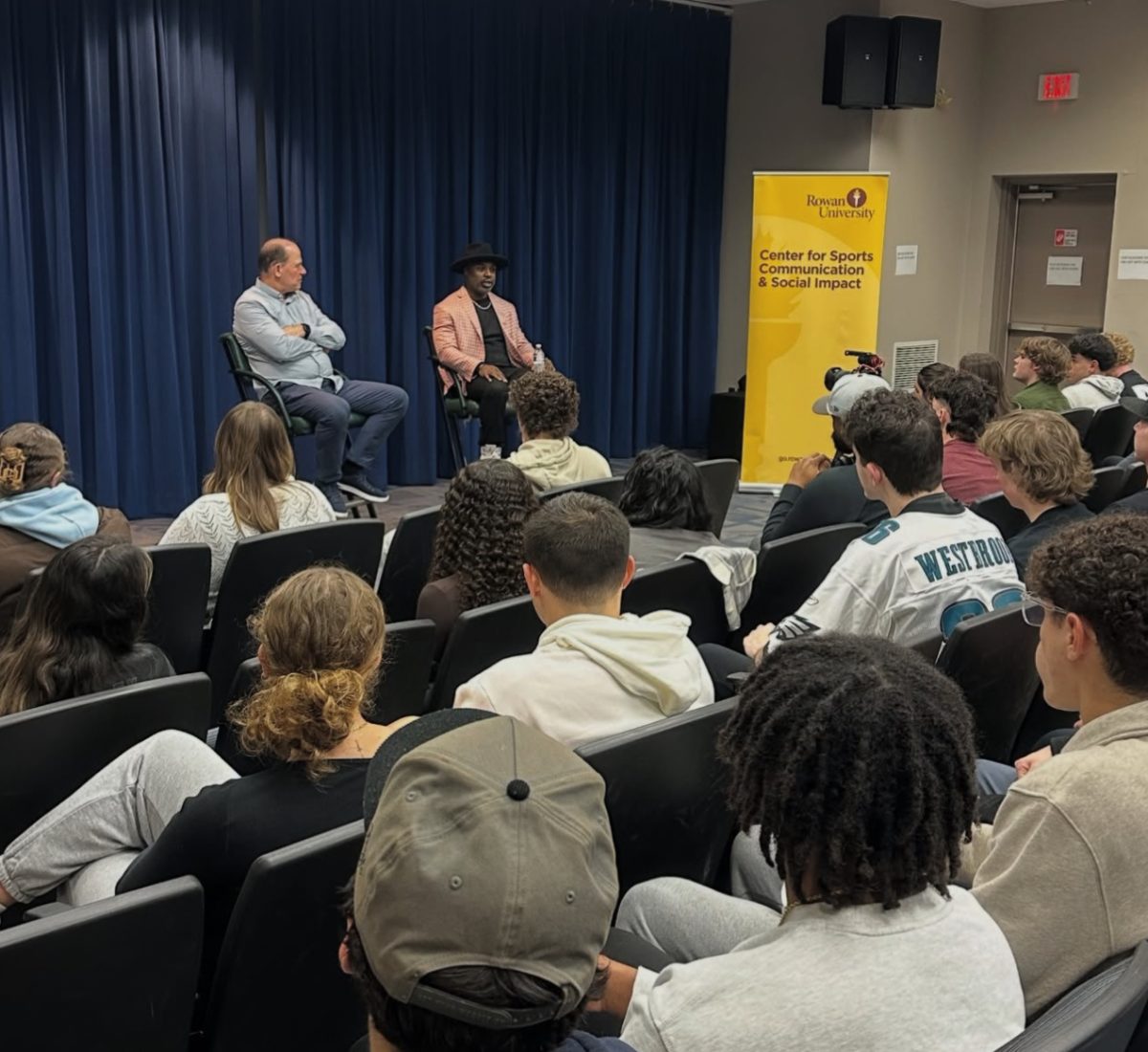Brian Westbrook talks to the group of students in King Auditorium. Glassboro, N.J. Monday, Nov. 24, 2025. (@rowansportscam on Instagram)