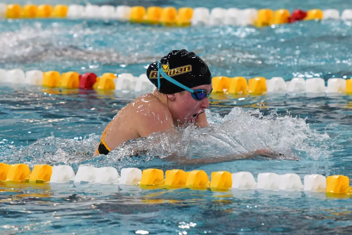 Rhylee Cornell swims the breast stroke. Cornell broke the school record in the 200 backstroke at the Franklin & Marshall Invitational. (Sports Photographer / Trevor Miceli)