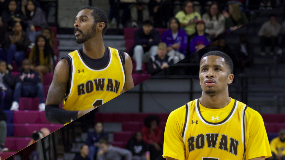 Skip Burton (left) and Brycen Williams (right) during Rowan's exhibition game against the University of Pennsylvania. (Sports Photographer / Melanie Barahona)