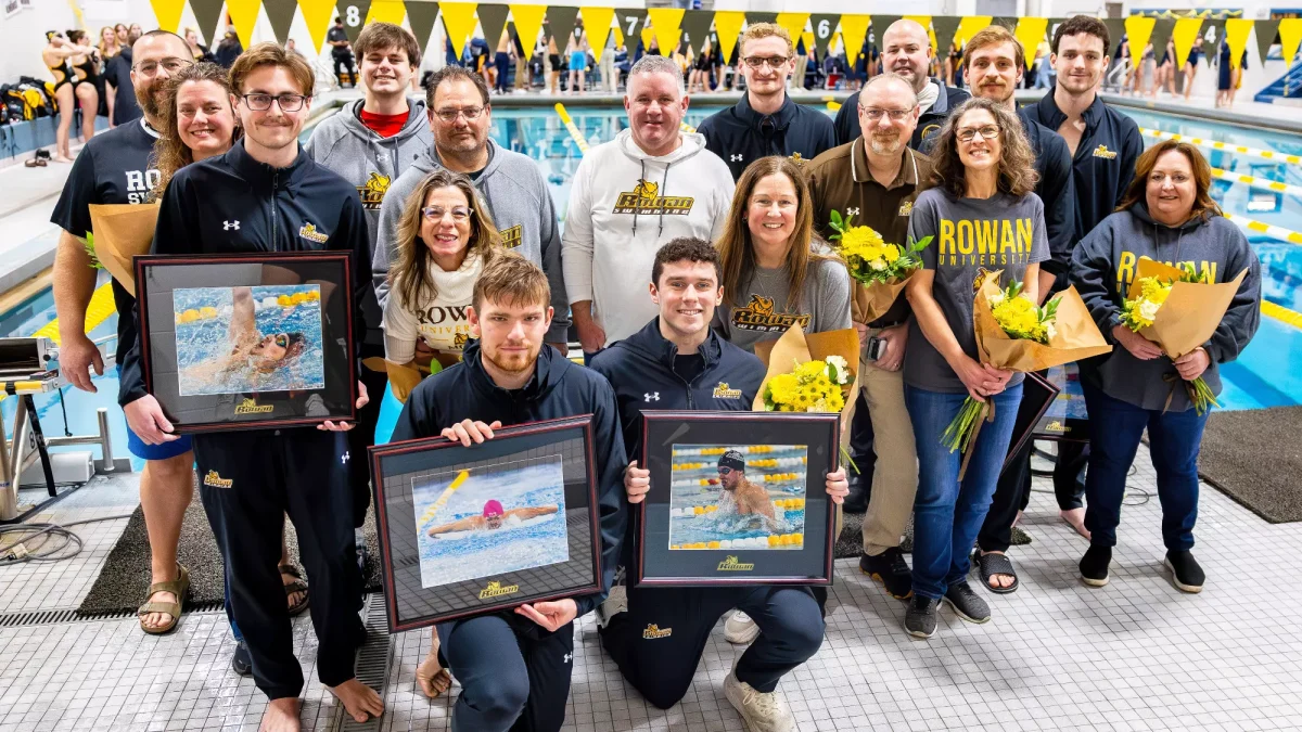 The seniors of the men's swim team celebrate senior night. Glassboro, N.J. Saturday, Jan. 17, 2026. (Rowan Athletics)