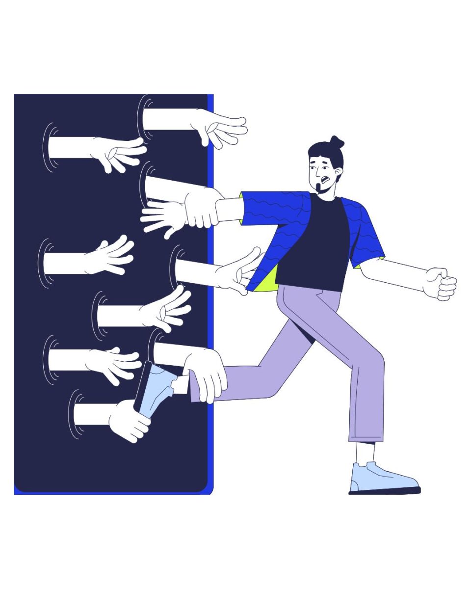 A graphic of a man running from hands tugging at him out of a square black hole. (Graphics Editor / Alexander Cruz)