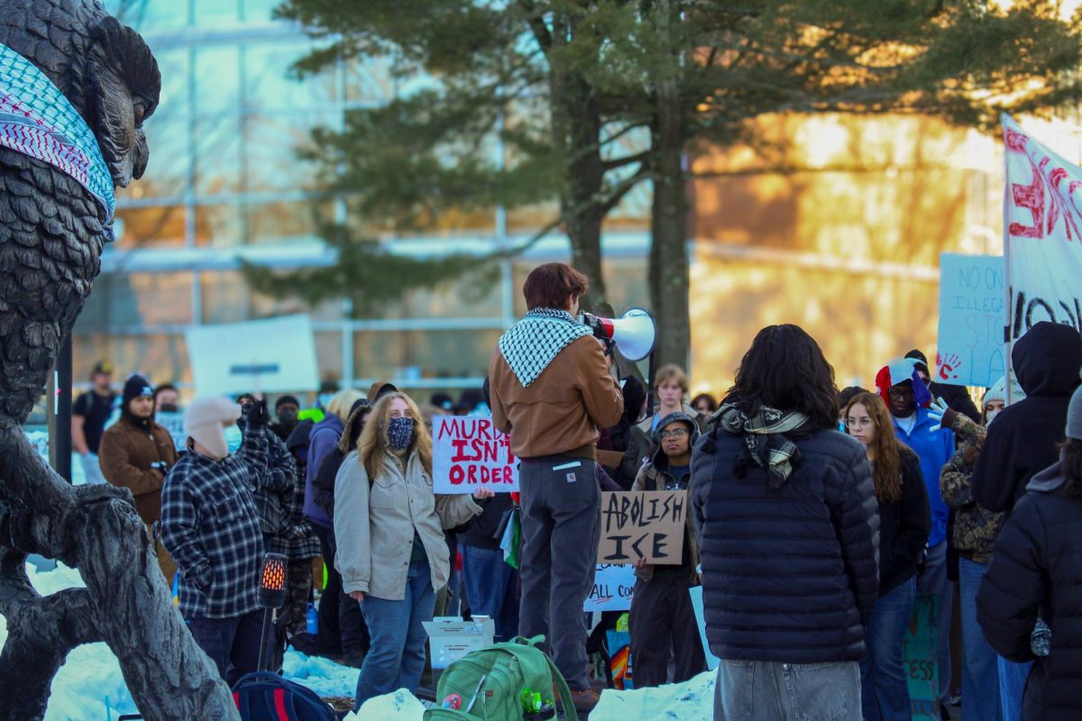 One of the protesters giving a speech at the Owl Statue. Thursday, Feb. 12, 2026. Glassboro, N.J. (Staff Writer / Aidan Vanhoof)
