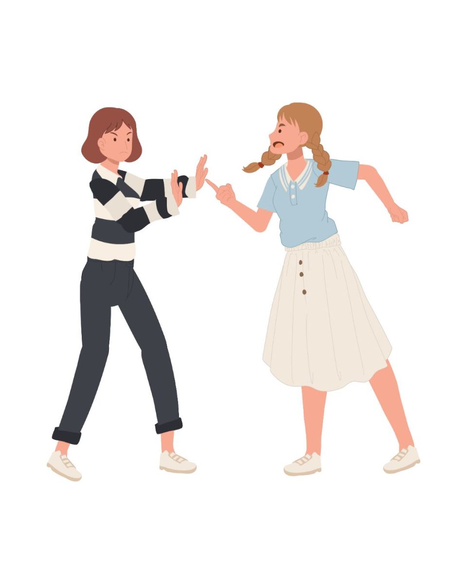 A graphic of two people arguing, one in a striped long sleeve shirt and jeans, the other in a collared blouse and white skirt. (Graphics Editor / Alexander Cruz)