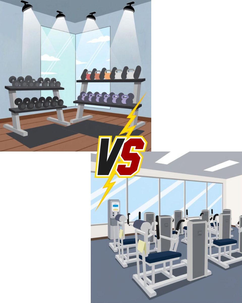 A graphic of two separate gym environments with the word VS in the center. (Graphics Editor / Alexander Cruz)