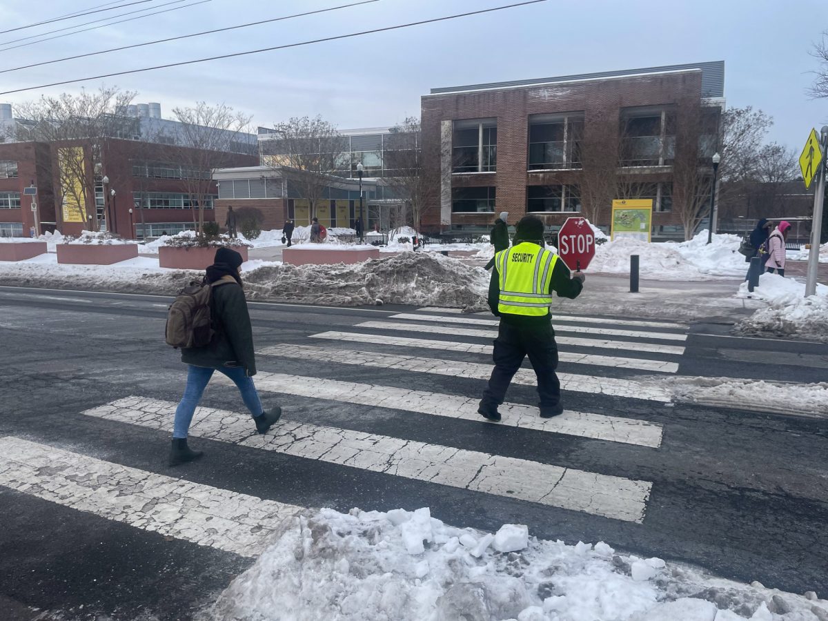 The crossing guards help someone cross the road outside of the Chamberlain Student Center. January 28, 2026. Glassboro, N.J. (Graphics Editor / Alex Cruz)