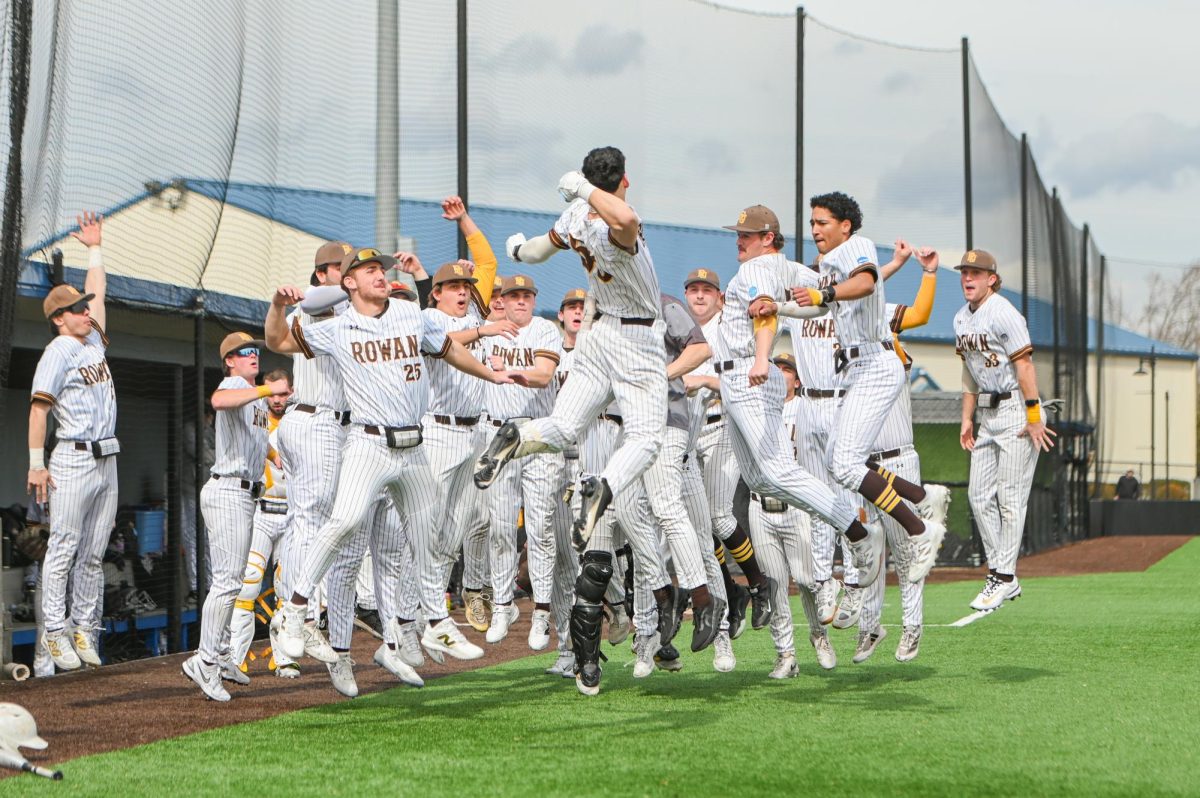 The team celebrates after Kyle Lamanteer's homer. Flemington, N.J. Sunday, March 8, 2026. (Sports Photographer / Trevor Miceli)